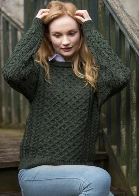 Aran Crew Neck Merino Sweater | Green