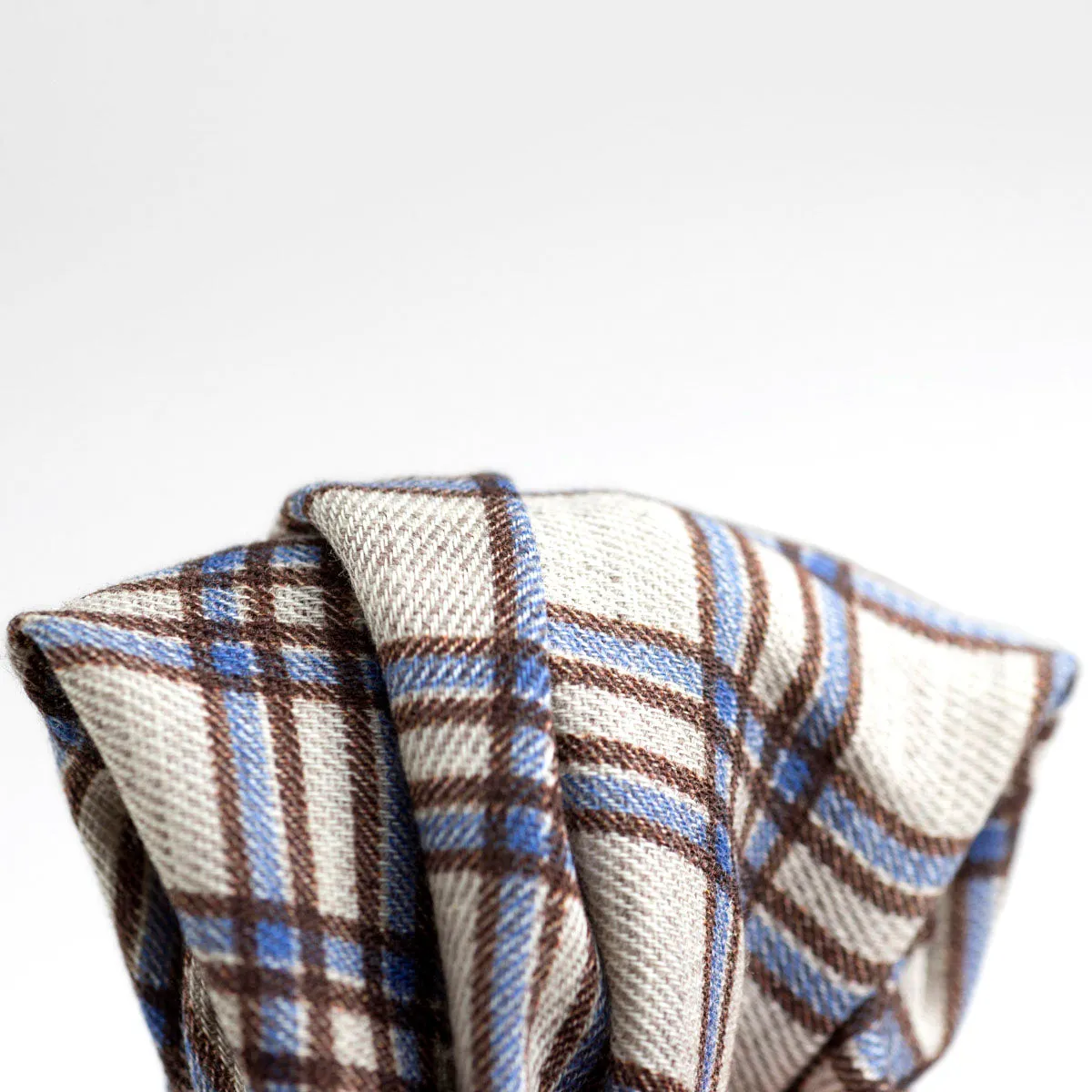 Beige wool & silk pocket square, brown & blue plaid print