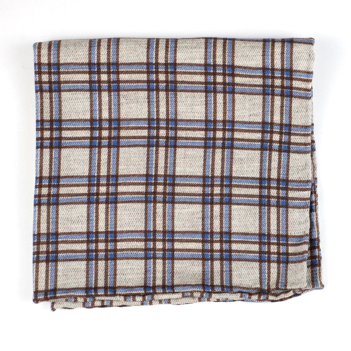 Beige wool & silk pocket square, brown & blue plaid print