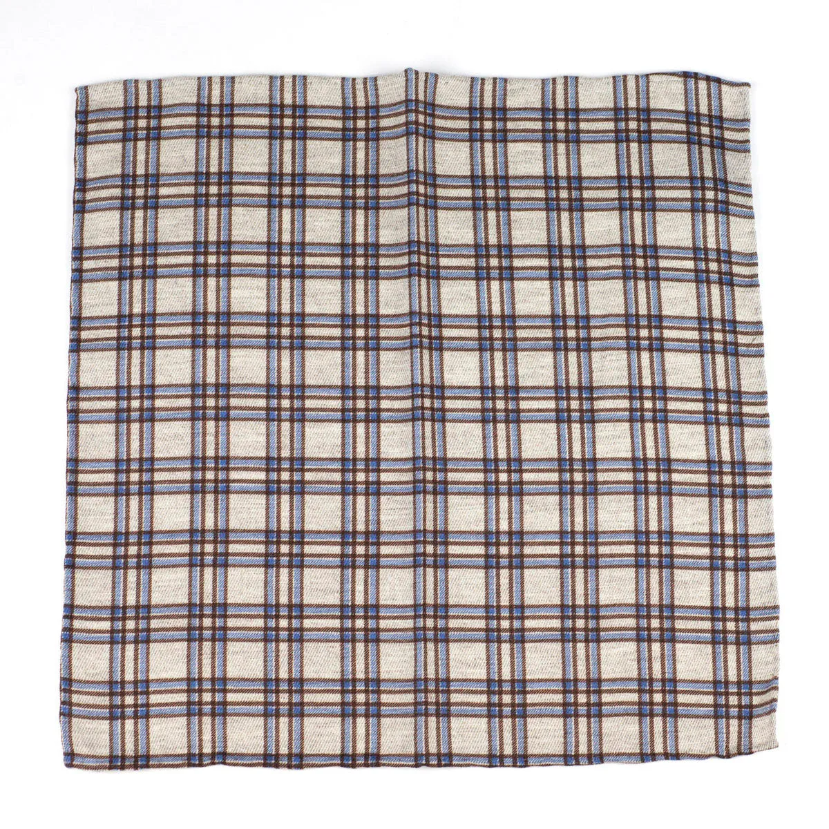 Beige wool & silk pocket square, brown & blue plaid print