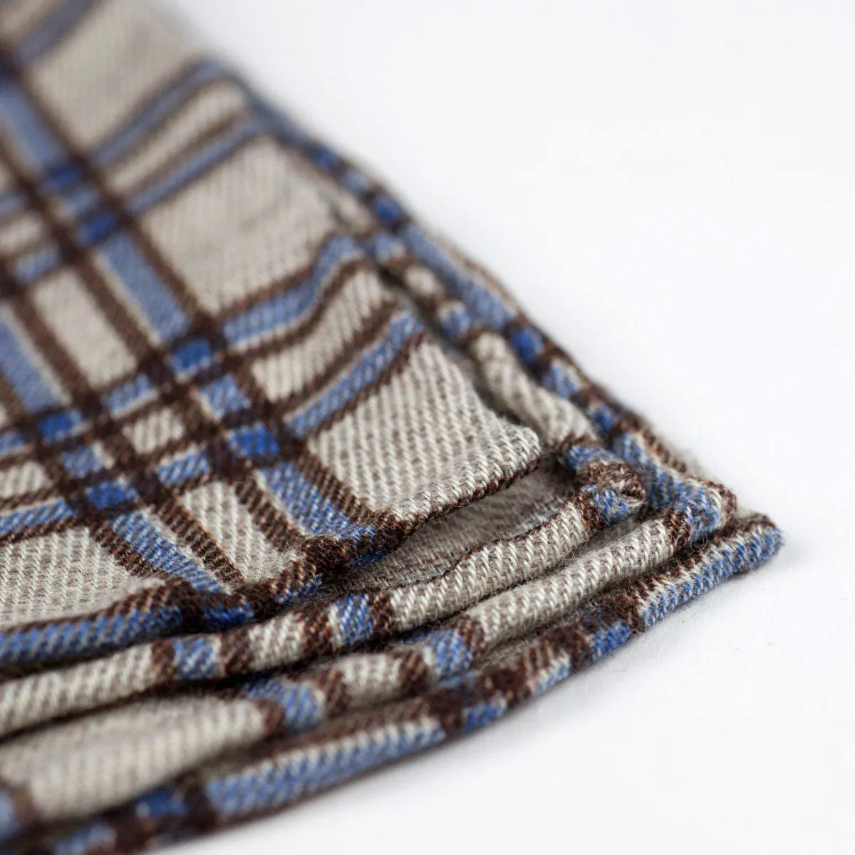 Beige wool & silk pocket square, brown & blue plaid print