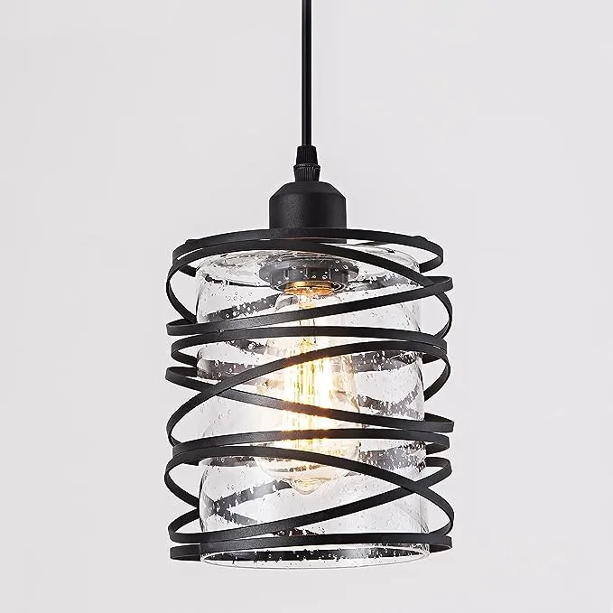 Black Spiral Cage Pendant Light, Matte Black