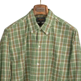 Button down shirt in green and brown panama plaid