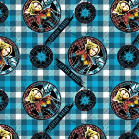 Captain Marvel Sketched on Plaid Cyan - Flannel - 1/2 Metre