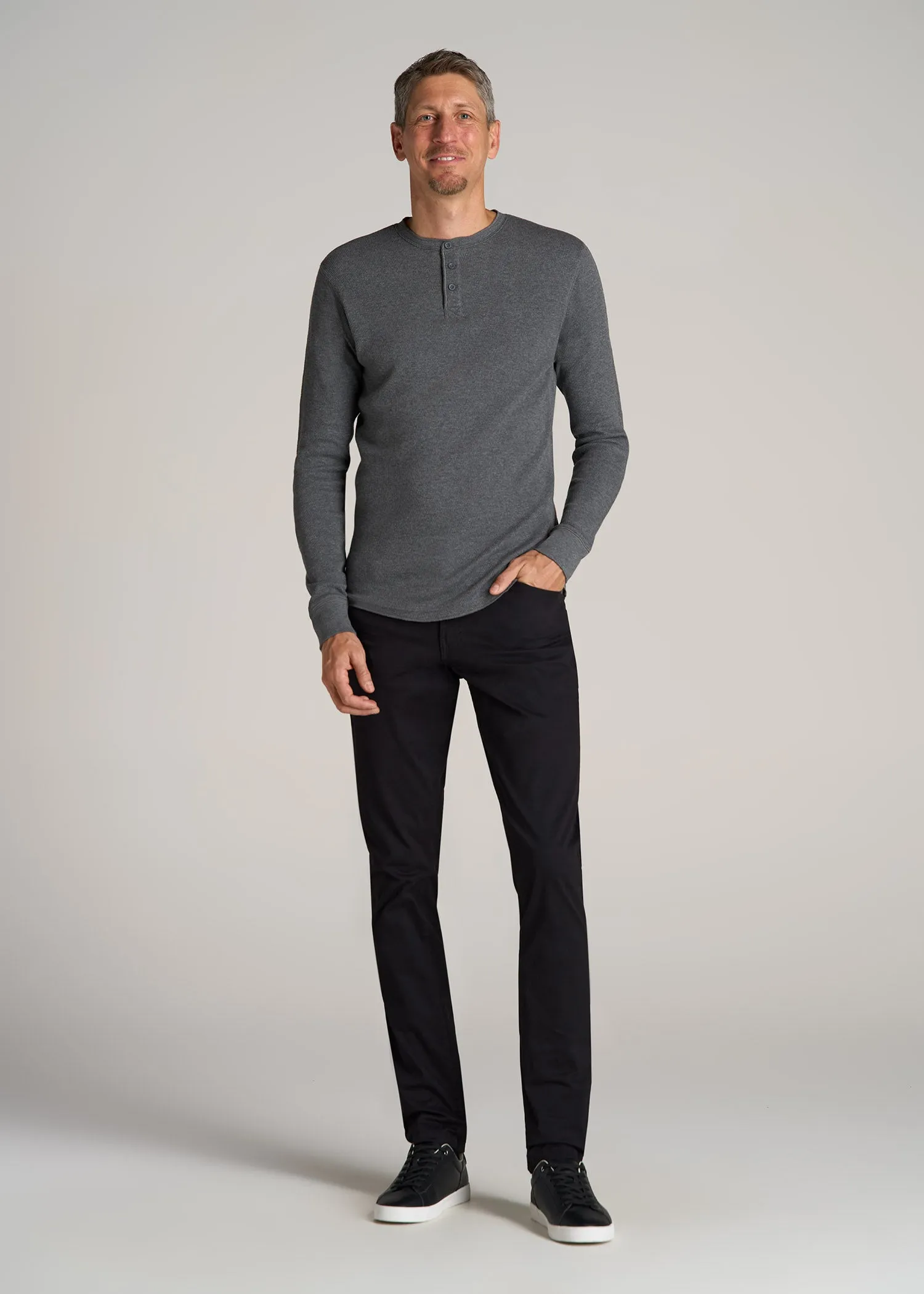 Double Honeycomb Thermal Long-Sleeve Henley Shirt for Tall Men in Charcoal Mix