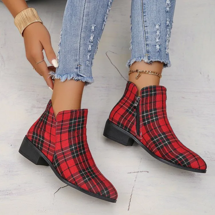 elveswallet Plaid red and black color block round toe denim shoes