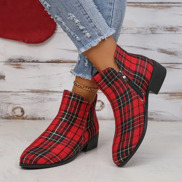 elveswallet Plaid red and black color block round toe denim shoes