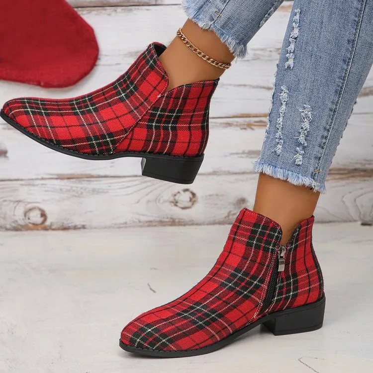 elveswallet Plaid red and black color block round toe denim shoes