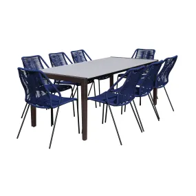 Fineline and Clip Indoor Outdoor 9 Piece Dining Set in Dark Eucalyptus Wood with Superstone and Blue Rope