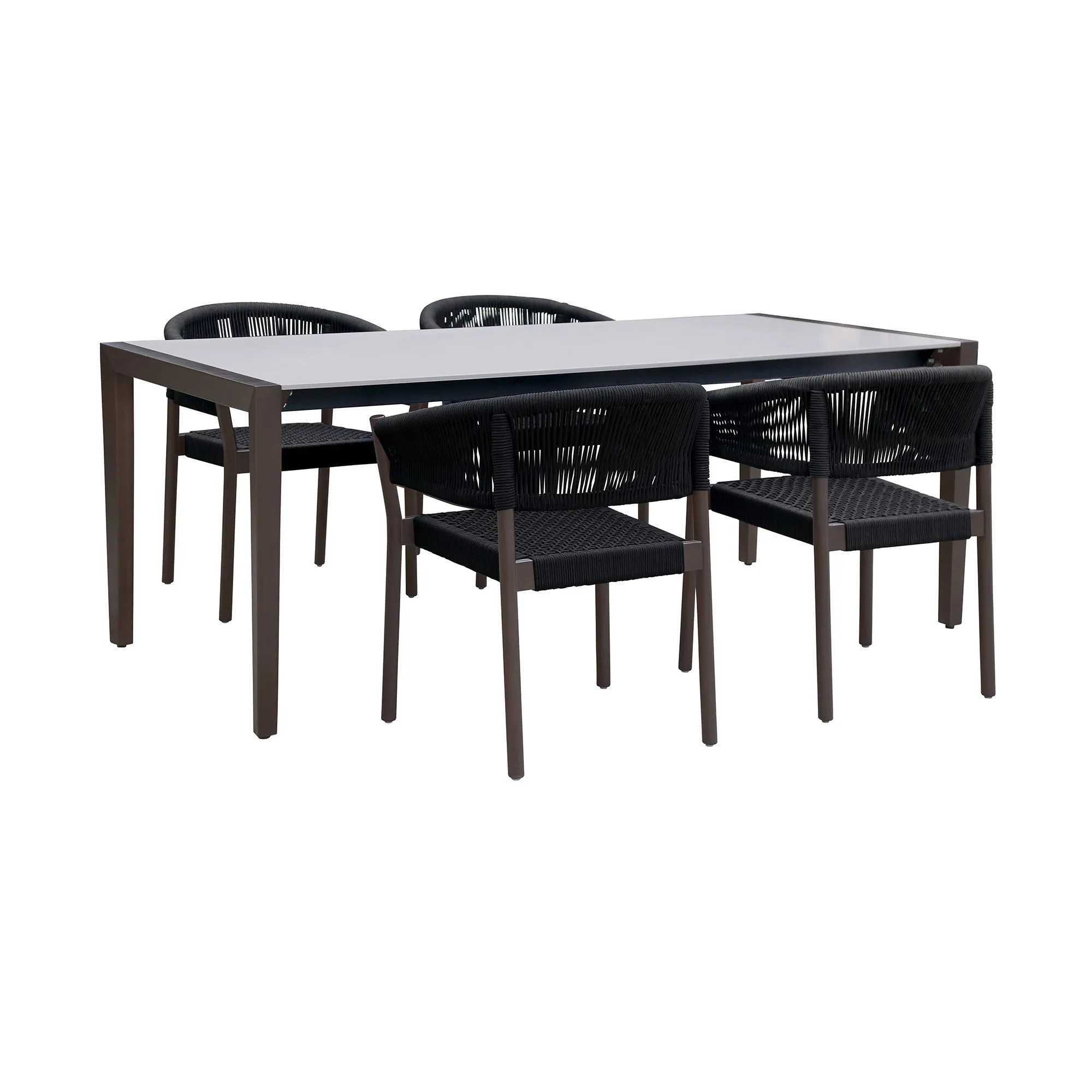 Fineline and Doris Indoor Outdoor 5 Piece Dining Set in Dark Eucalyptus Wood with Superstone and Black Rope