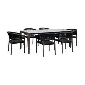 Fineline and Doris Indoor Outdoor 7 Piece Dining Set in Dark Eucalyptus Wood with Superstone and Black Rope