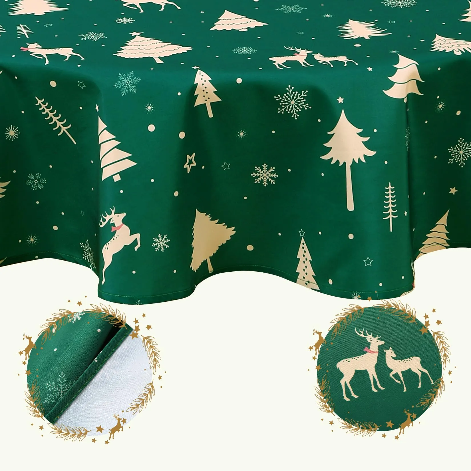 GARVEE Christmas Table Cloth Round 60 Inch, Waterproof Winter Holiday Xmas Deer Tree Kitchen Christmas Decorations for Table, Round Table Cloth for Home Party Dining Table Décor Indoor Outdoor, Green