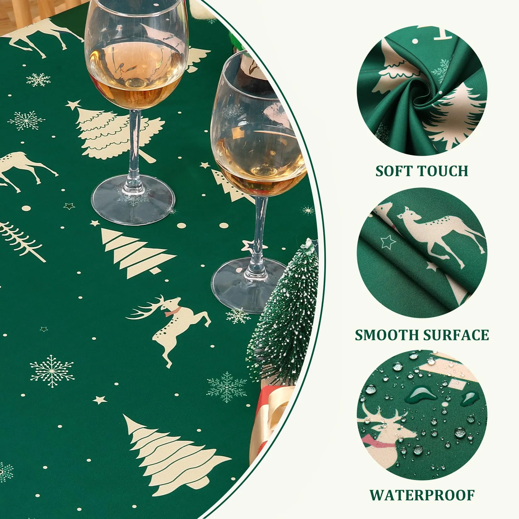 GARVEE Christmas Table Cloth Round 60 Inch, Waterproof Winter Holiday Xmas Deer Tree Kitchen Christmas Decorations for Table, Round Table Cloth for Home Party Dining Table Décor Indoor Outdoor, Green