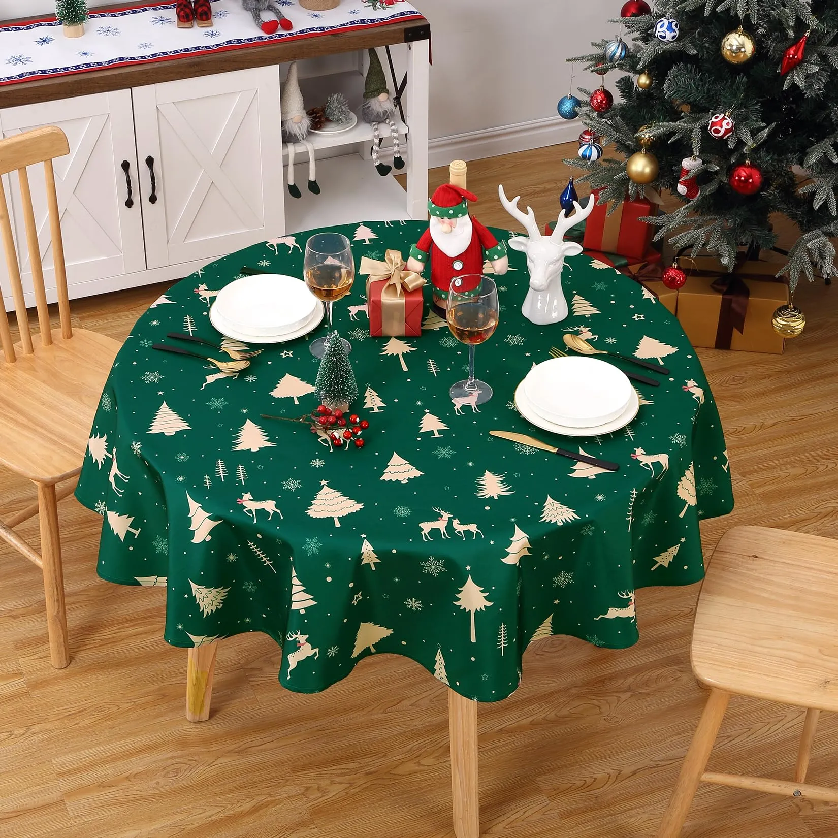 GARVEE Christmas Table Cloth Round 60 Inch, Waterproof Winter Holiday Xmas Deer Tree Kitchen Christmas Decorations for Table, Round Table Cloth for Home Party Dining Table Décor Indoor Outdoor, Green