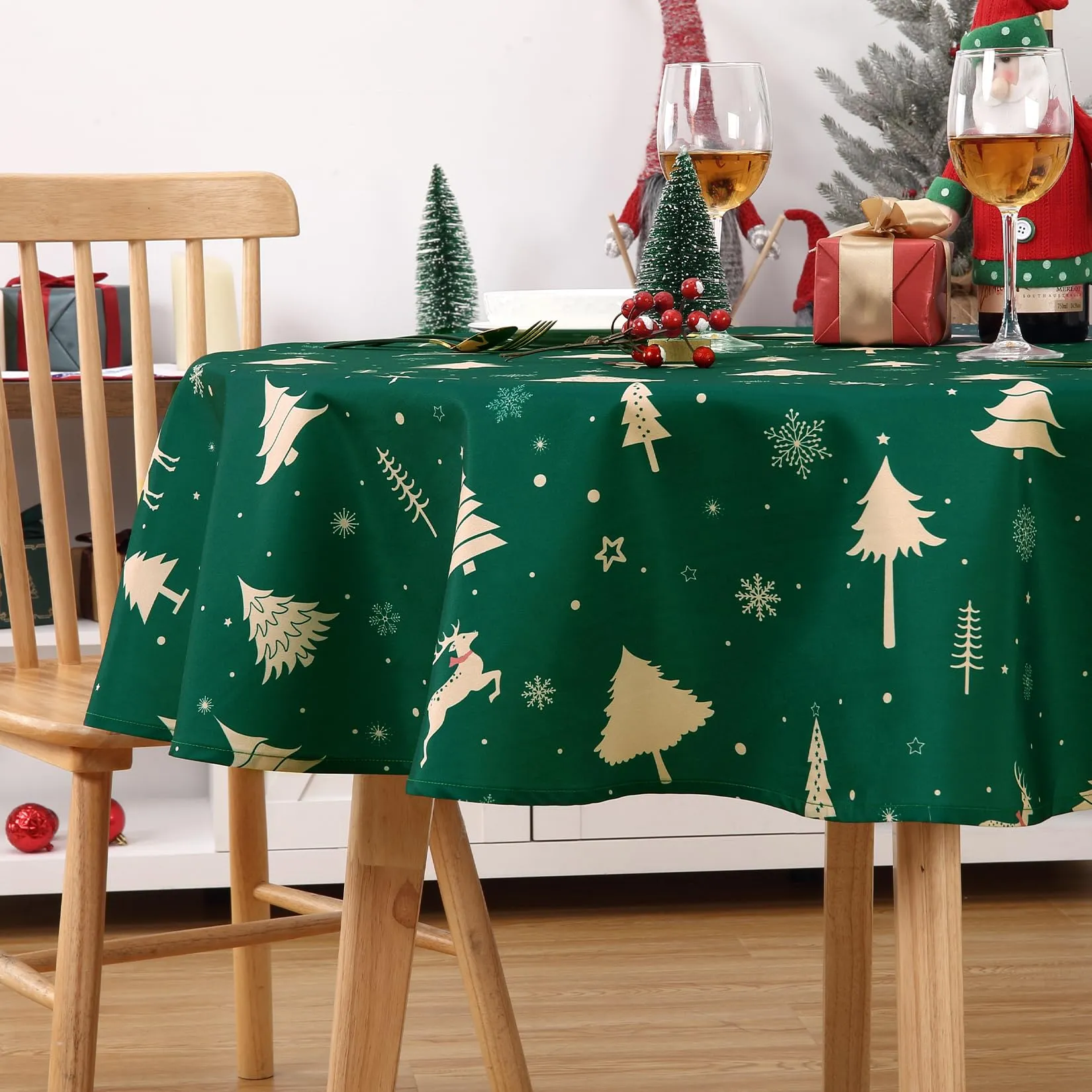 GARVEE Christmas Table Cloth Round 60 Inch, Waterproof Winter Holiday Xmas Deer Tree Kitchen Christmas Decorations for Table, Round Table Cloth for Home Party Dining Table Décor Indoor Outdoor, Green