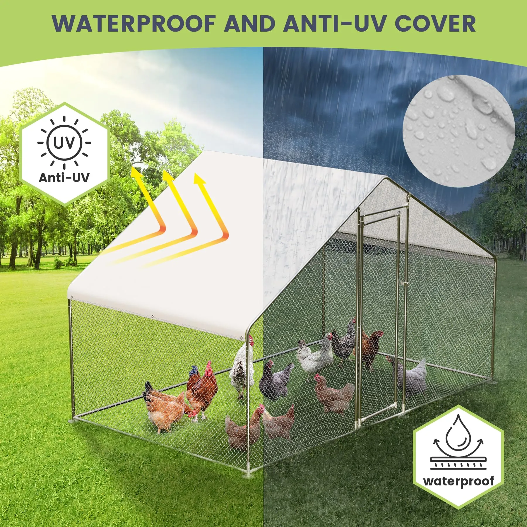 GARVEE Large Metal Chicken Coop, Walk-in Poultry Cage, Chicken House with Waterproof and Anti-Ultraviolet Cover for Outdoor Yard Farm Silver - 9.8*19.7*6.6FT