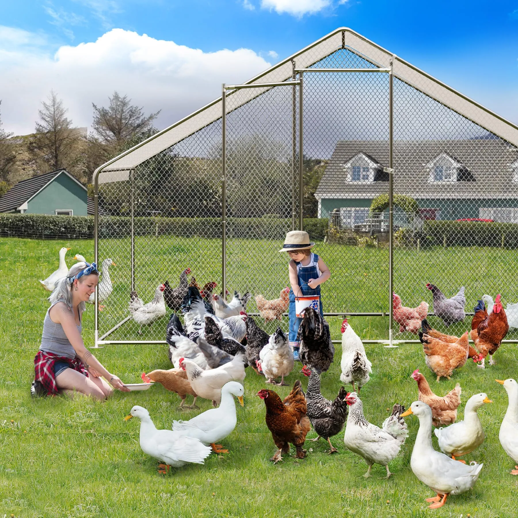 GARVEE Large Metal Chicken Coop, Walk-in Poultry Cage, Chicken House with Waterproof and Anti-Ultraviolet Cover for Outdoor Yard Farm Silver - 9.8*19.7*6.6FT