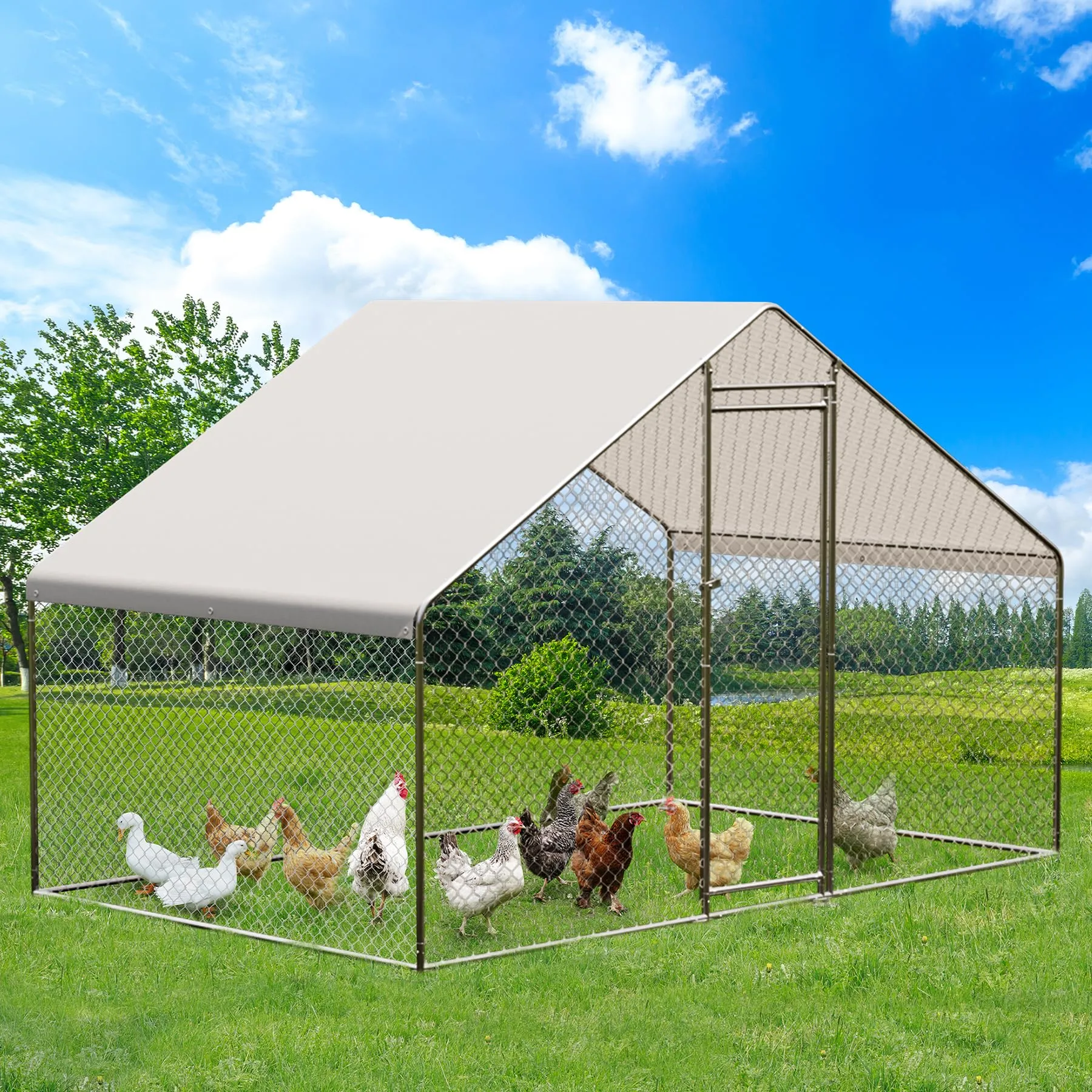 GARVEE Large Metal Chicken Coop, Walk-in Poultry Cage, Chicken House with Waterproof and Anti-Ultraviolet Cover for Outdoor Yard Farm Silver - 9.8*19.7*6.6FT