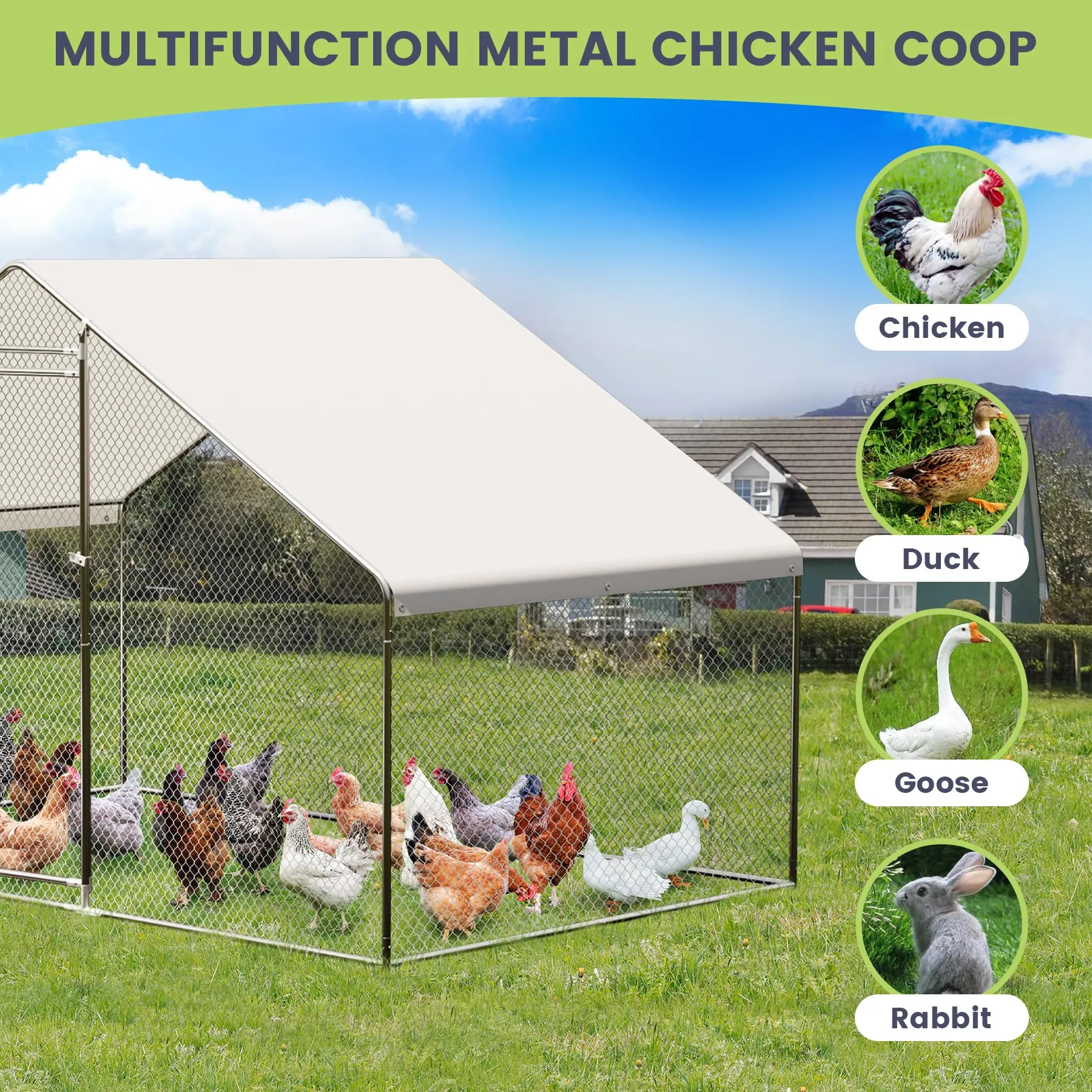 GARVEE Large Metal Chicken Coop, Walk-in Poultry Cage, Chicken House with Waterproof and Anti-Ultraviolet Cover for Outdoor Yard Farm Silver - 9.8*19.7*6.6FT