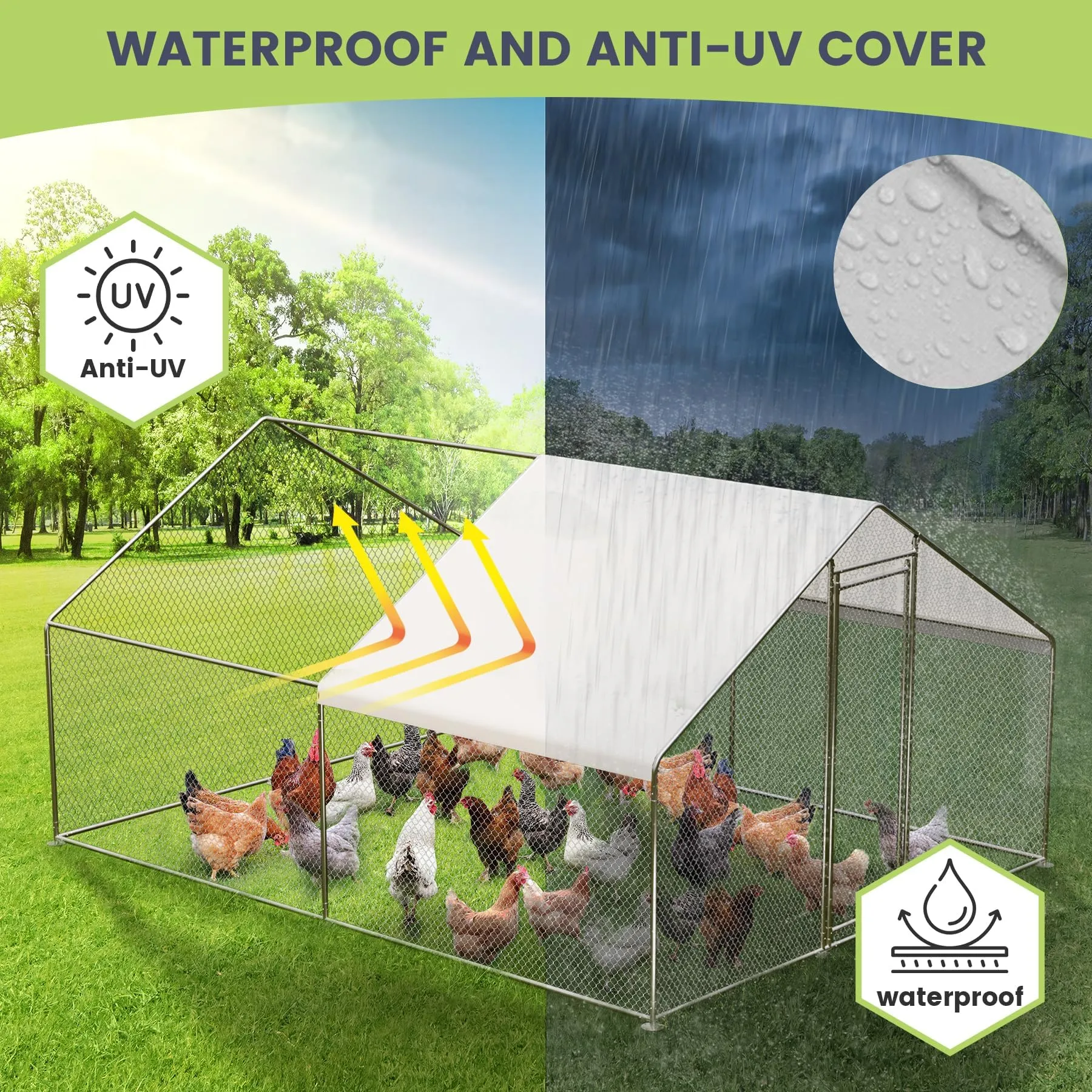 GARVEE Large Metal Chicken Coop, Walk-in Poultry Cage, Chicken House with Waterproof and Anti-Ultraviolet Cover for Outdoor Yard Farm Silver 9.8X13.1X6.6FT