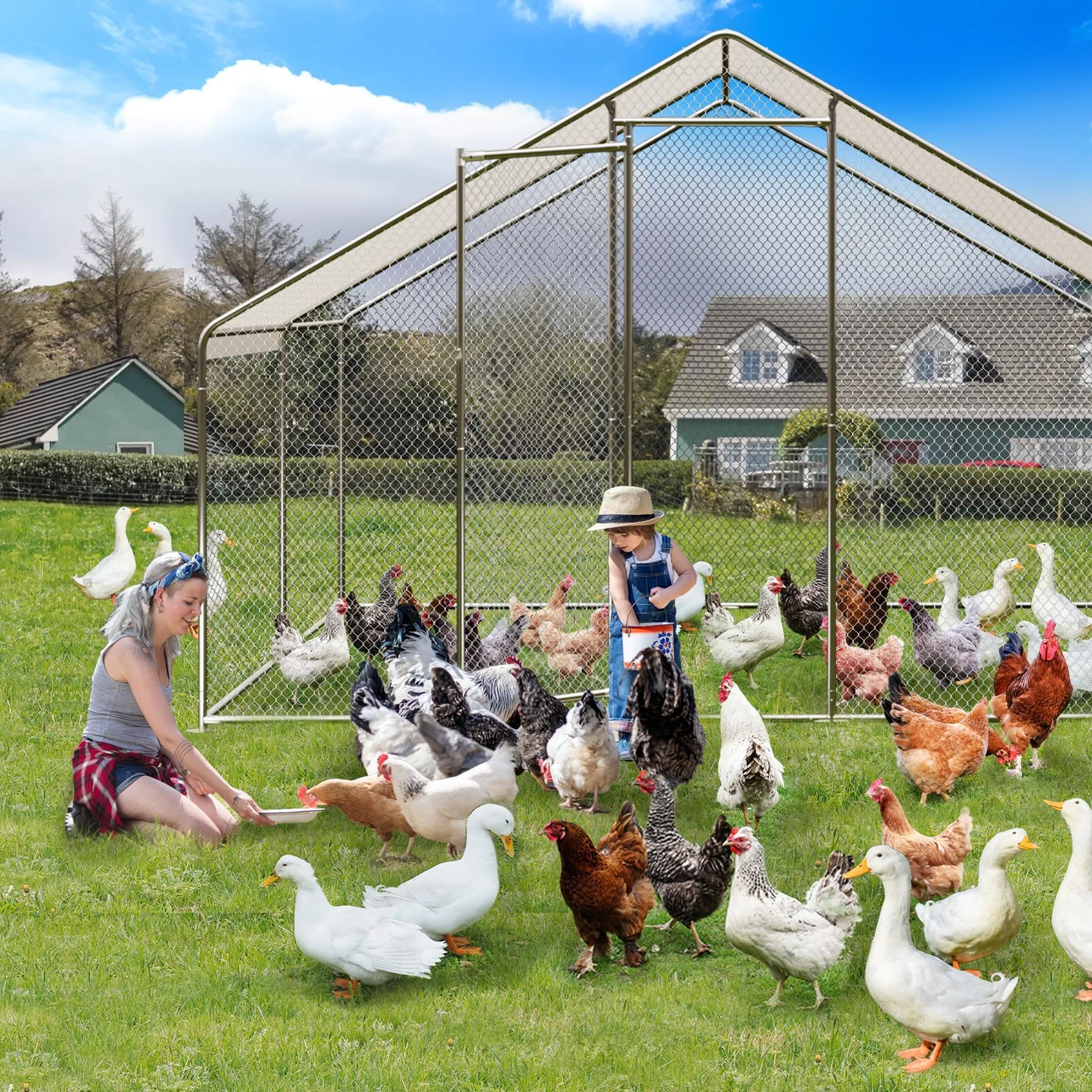 GARVEE Large Metal Chicken Coop, Walk-in Poultry Cage, Chicken House with Waterproof and Anti-Ultraviolet Cover for Outdoor Yard Farm Silver 9.8X13.1X6.6FT