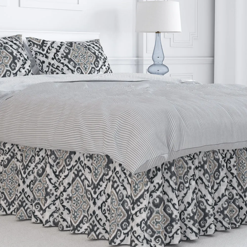 Gathered Bedskirt in Feabhra Slate Gray Diamond Medallion- Blue, Tan, Large Scale