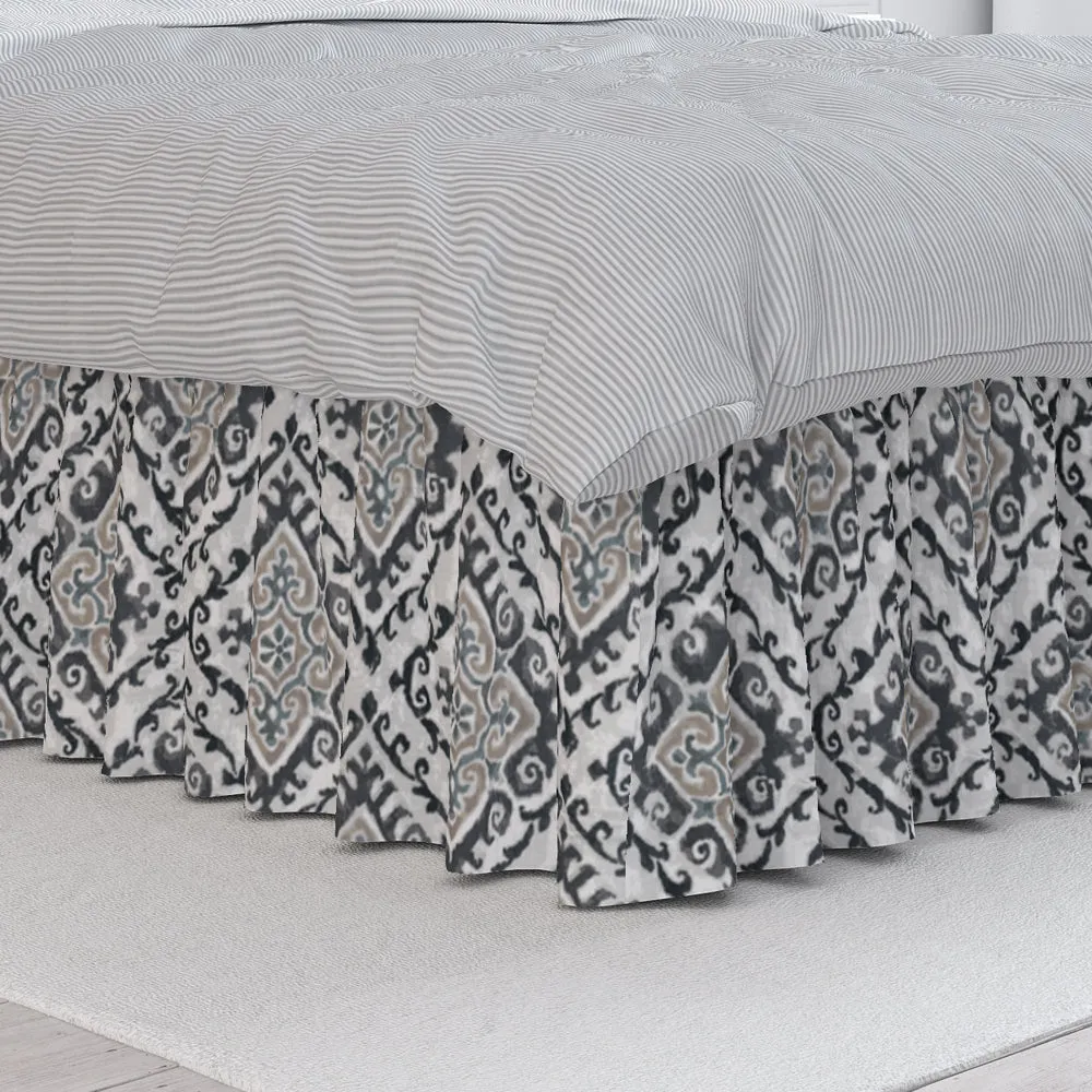 Gathered Bedskirt in Feabhra Slate Gray Diamond Medallion- Blue, Tan, Large Scale