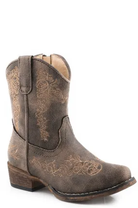 Girls Roper Vintage Brown Faux Leather Snip Toe Boot w/ All Over Embroidery