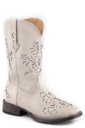 Girls Roper White Faux Leather Square Toe Boot w/ Glitter Underlay