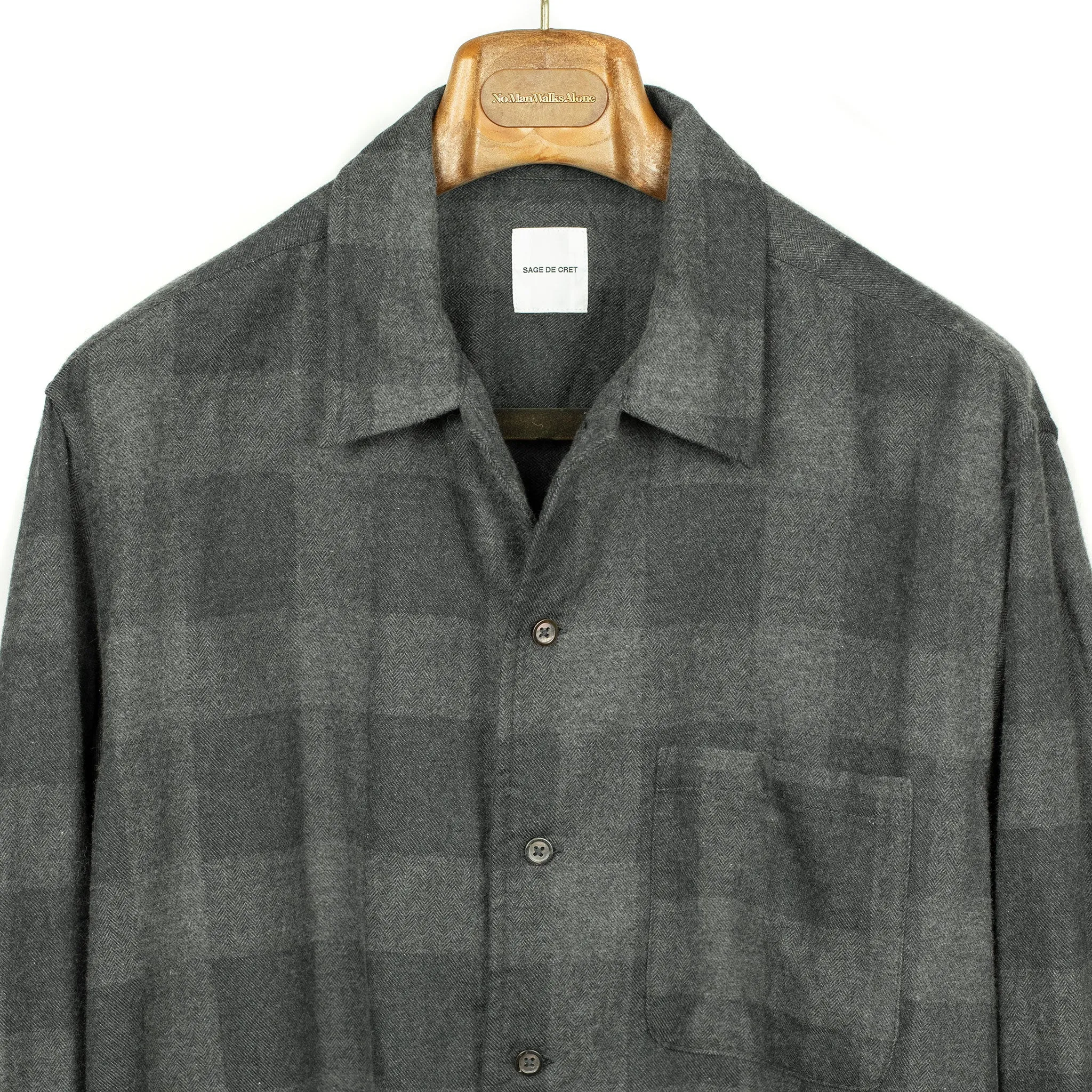 Open collar shirt in charcoal plaid cotton wool flannel