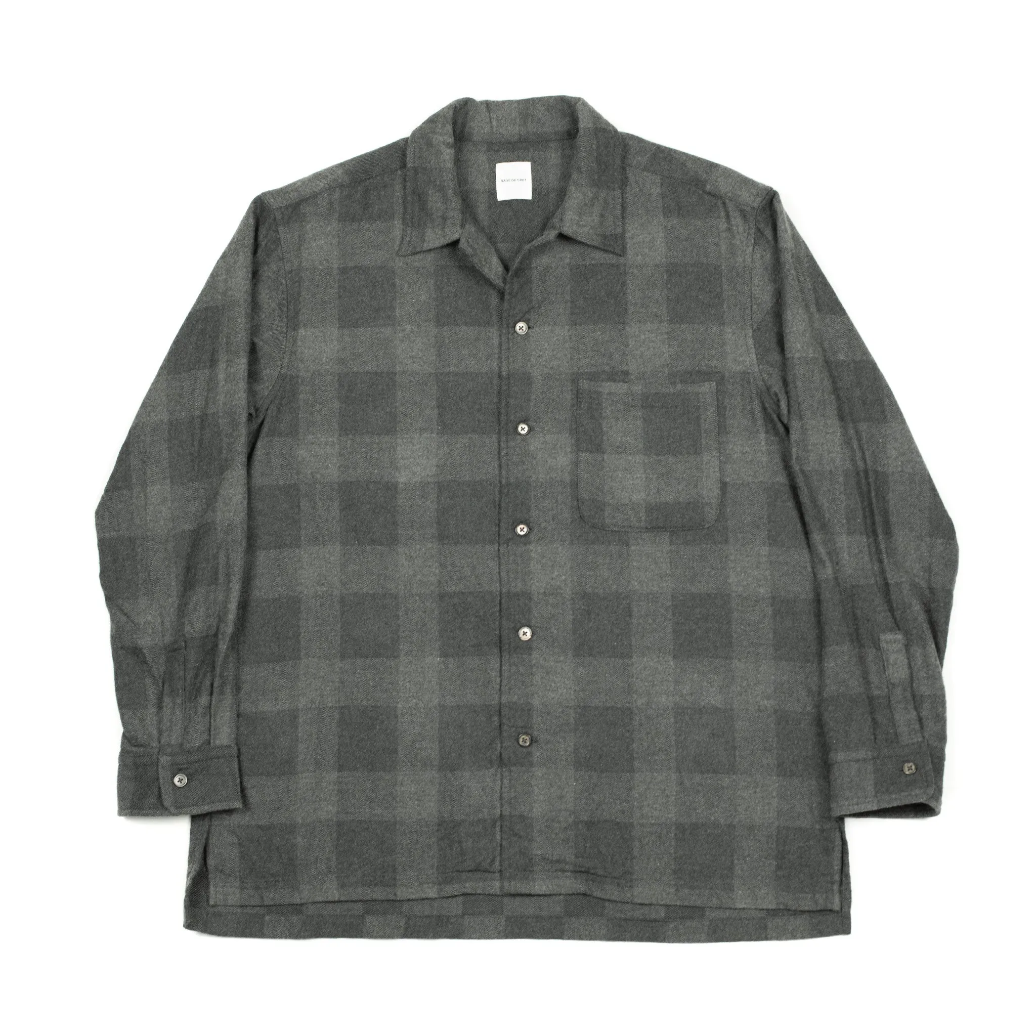 Open collar shirt in charcoal plaid cotton wool flannel