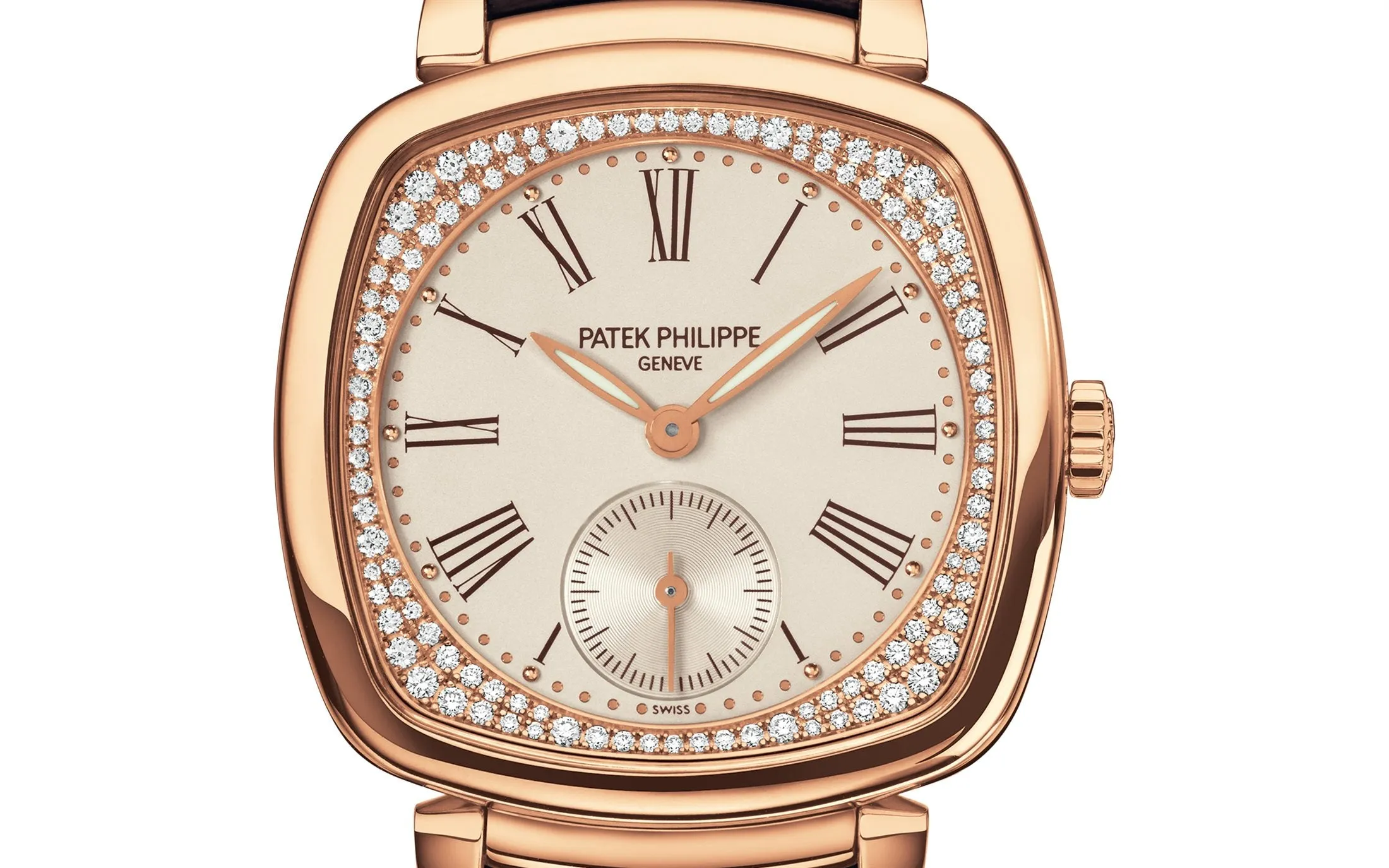 Patek Philippe Ladies Gondolo Small seconds, 18kt Rose Gold set with 108 diamonds, 30 × 33.8 mm, Ref# 7041R-001