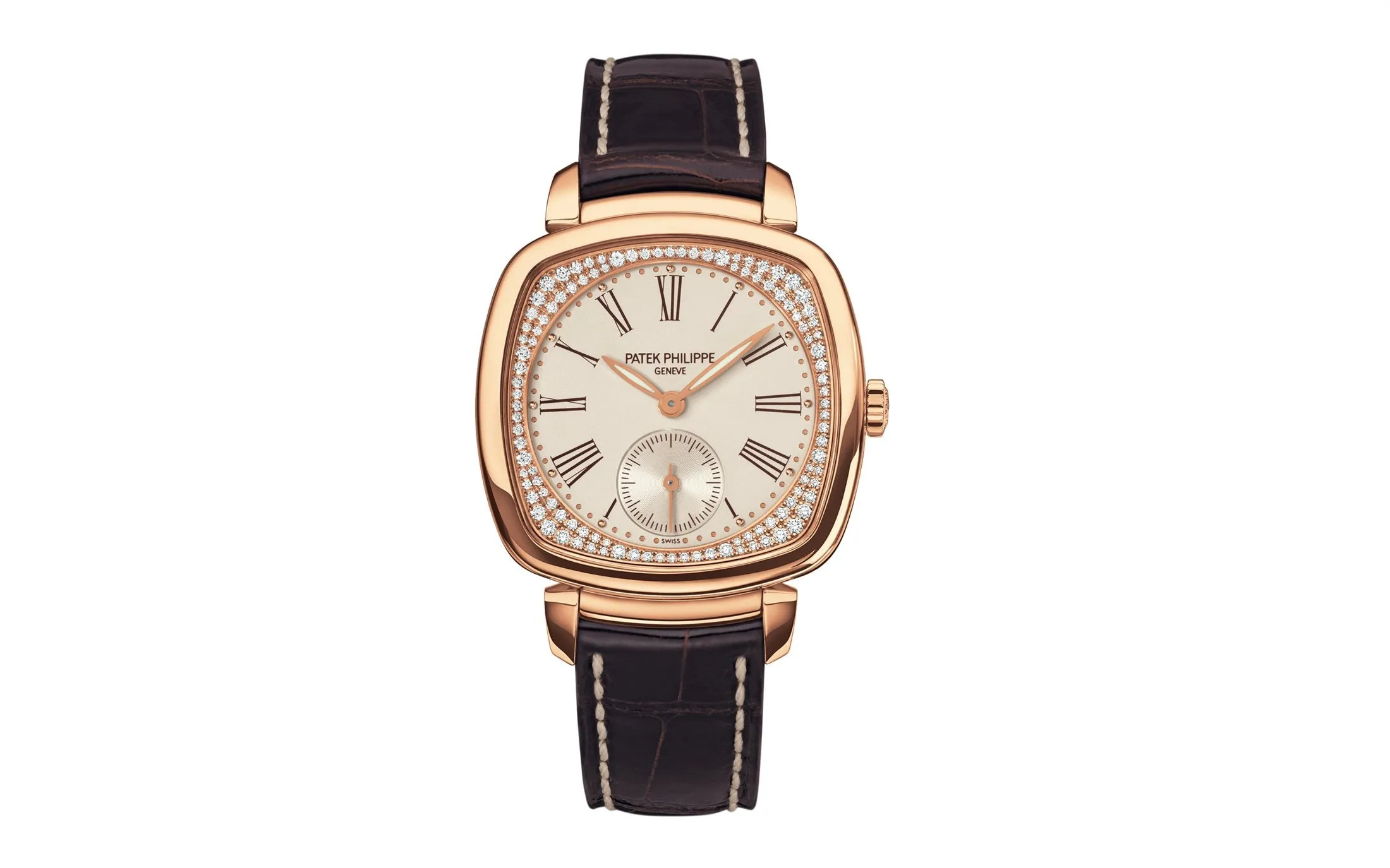 Patek Philippe Ladies Gondolo Small seconds, 18kt Rose Gold set with 108 diamonds, 30 × 33.8 mm, Ref# 7041R-001