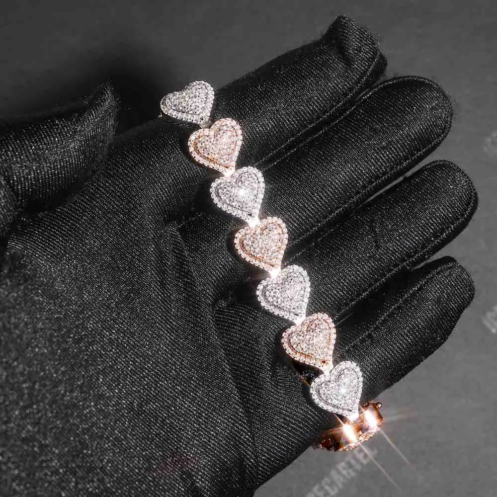 Two Tone Iced Out Baguette Heart Tennis Bracelet 14K Gold - 13MM