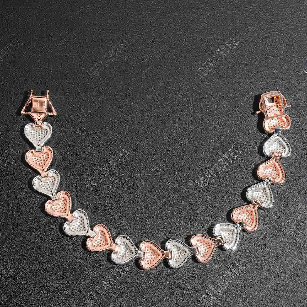 Two Tone Iced Out Baguette Heart Tennis Bracelet 14K Gold - 13MM