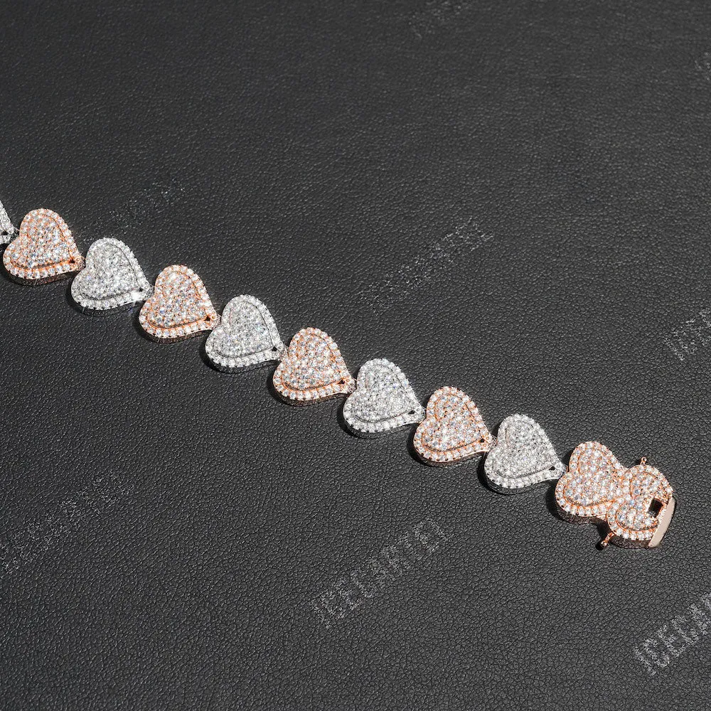 Two Tone Iced Out Baguette Heart Tennis Bracelet 14K Gold - 13MM