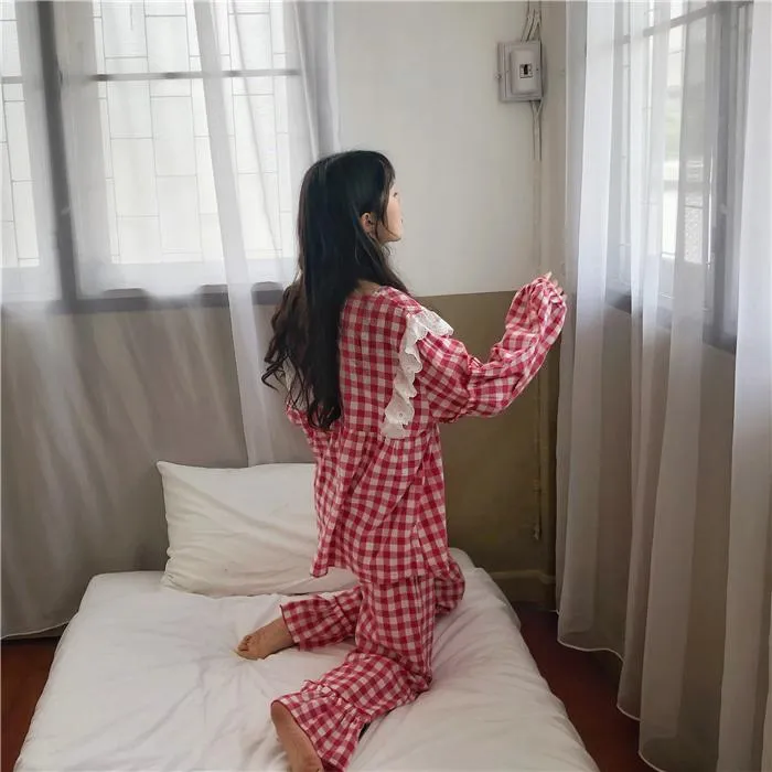 Women's Cherry Square Collar Plaid Pajama