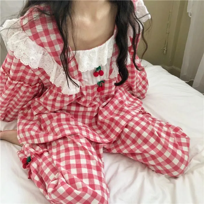 Women's Cherry Square Collar Plaid Pajama